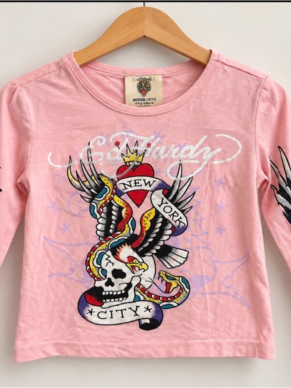 Ed Hardy Pink Long-Sleeve Tee with NY Skull & Eagle Graphic
